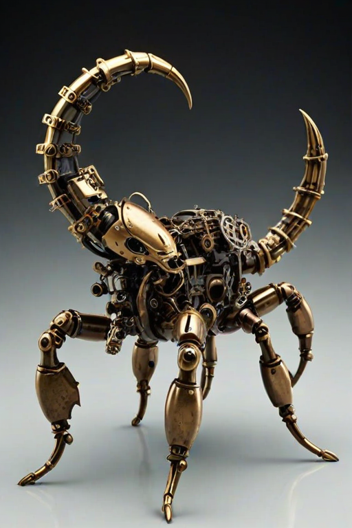 Create a high-intensity, high-resolution image of a steampunk scorpion, featuring intricate clockwork mechanisms and brass gears. The scorpion should have metallic limbs with elaborate jointed segments, showcasing a blend of Victorian-era aesthetics and futuristic technology. The body should be adorned with cogwheels, pistons, and small steam vents emitting a subtle mist, the front pinchers should up up and open. Capture the scene with dramatic lighting to emphasize the mechanical details, giving it a sense of motion and life