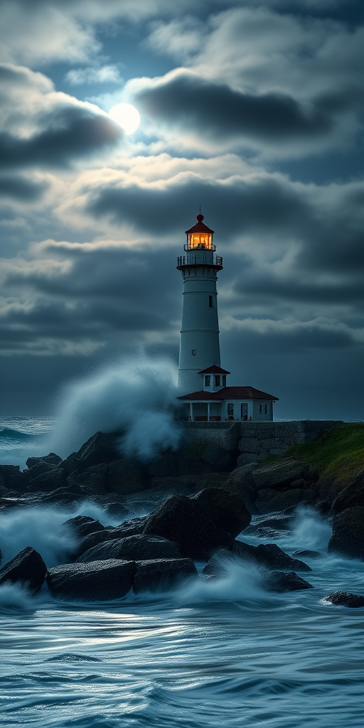 Create a high-resolution image of a lighthouse on a rocky shore during a stormy night with dramatic waves crashing, under a cloudy sky illuminated by moonlight, using a DSLR camera with a 24mm lens, f/8 aperture, ISO 100, and a long exposure to capture motion.