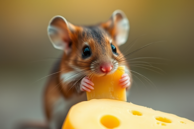 A close-up shot of a cute mouse holding a piece of cheese, soft focus background, ISO 100, f/2.8 aperture, 50mm lens, natural lighting with a warm tone, shallow depth of field, DSLR camera.