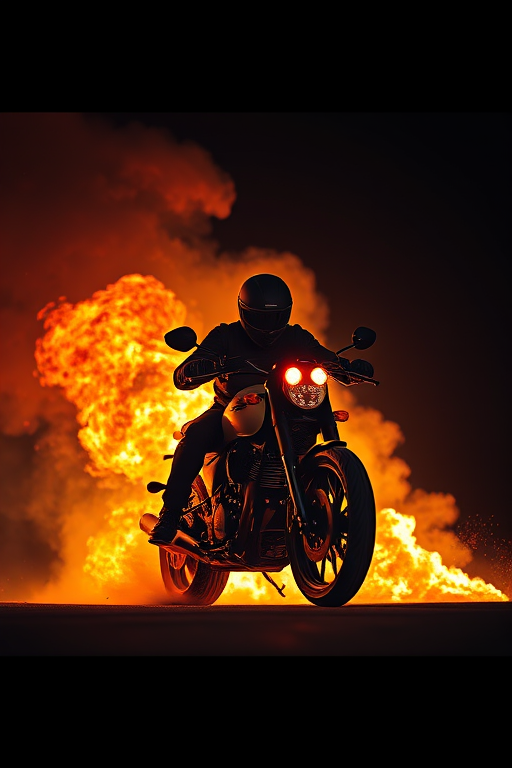 Regenerate a high-contrast, dramatic scene featuring a biker on a motorcycle surrounded by flames and smoke, shot with a Canon EOS R5, 50mm lens, f/1.8 aperture, ISO 100, in a low-angle view to emphasize the intensity of the action and convey a cinematic style.