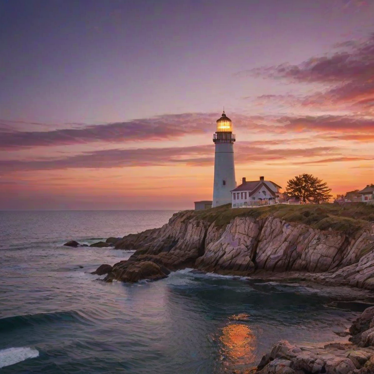 Generate an image of a tall lighthouse perched on a rocky outcrop surrounded by calm ocean waters during a breathtaking sunset. The lighthouse stands sturdy and weathered, its stone surface illuminated by the warm golden light of the setting sun. The sun's rays pass directly through the glass lantern room at the top of the lighthouse, casting a brilliant light across the scene. The sky is painted with vibrant shades of orange, pink, and purple, reflecting off the tranquil sea. The surrounding water shimmers with the same warm hues, creating a serene and majestic atmosphere.