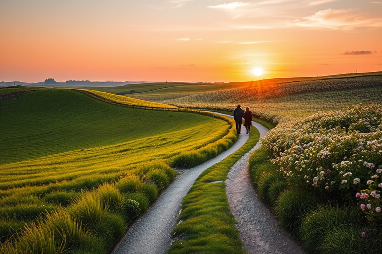 A serene landscape depicting two figures walking along a winding path surrounded by vibrant green fields dotted with flowers under a pastel sunset sky, captured with a DSLR camera at f/2.8, ISO 100, 50mm lens, in a soft focus style.