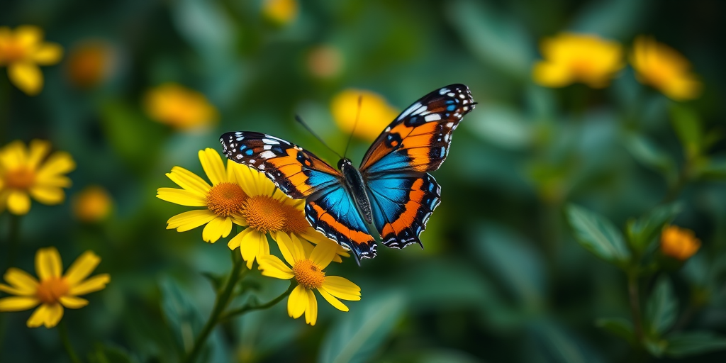 Generate an image of a butterfly resting on vibrant yellow flowers in a lush green garden. The butterfly should have striking blue and orange patterns on its wings, surrounded by a soft, blurred background of greenery. The scene should evoke a sense of tranquility and the beauty of nature.