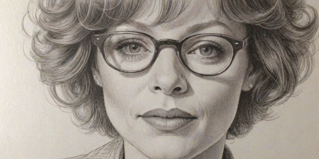 Enchanting Frances Fisher, pencil sketch, portrait of Exquisite woman 1978s in glasses, hair style beatnik, outline, clear lines, fine lines, 8k