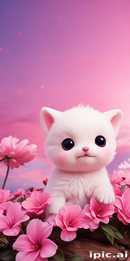 A Cute White Kitten Surrounded by Beautiful Pink Flowers Under a ...