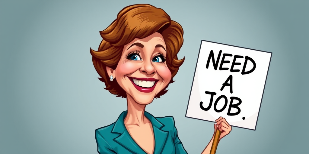 caricature of a smiling Annette Bening in a Teal dress or suit, holding up a sign that says "NEED A JOB", no watermark,