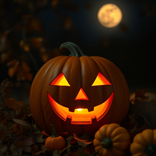 Pumpkin with a carved face illuminated at night, surrounded by autumn leaves and smaller pumpkins, with a full moon in the background, using a Canon EOS R5, 50mm lens, f/1.8 aperture, ISO 200, 1/60 sec exposure, shallow depth of field for a dreamy bokeh effect.