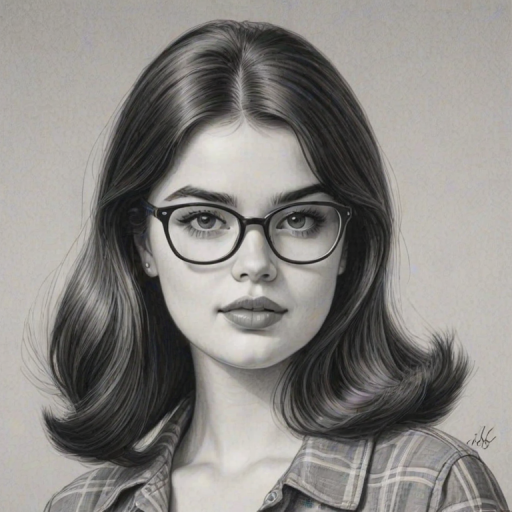 Pleasing Barbie Ferreira, pencil sketch, portrait of Enticing woman 1959s in glasses, hair style beatnik, outline, clear lines, fine lines, 8k