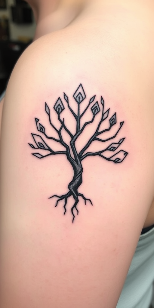 Minimalist blackwork tattoo showcasing a series of interconnected geometric shapes forming a stylized tree of life, with negative space creating intricate branch patterns and subtle shading techniques