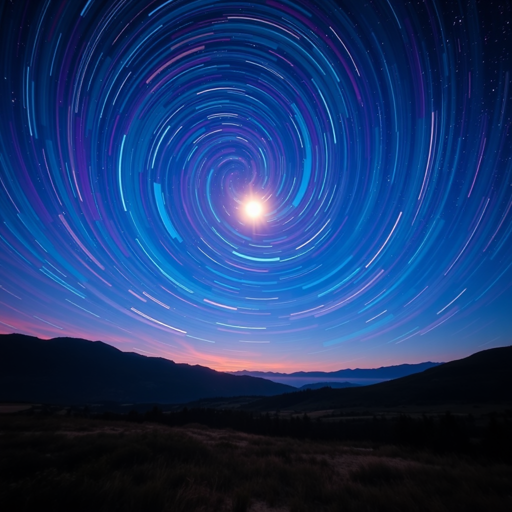 create a vibrant night sky painting with swirling stars and a bright moon over a serene landscape, using a high-resolution DSLR camera with a 50mm lens, f/1.8 aperture, ISO 100, and a long exposure of 5 seconds to capture depth and detail in color and texture.