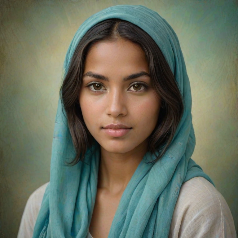Create a portrait of a young Tahitian woman with long, dark hair and captivating hazel eyes. She is wearing a cyan headscarf and a matching scarf draped gracefully around her neck. The background is softly blurred, focusing attention on her serene and natural expression. The overall color palette is muted and warm, enhancing the intimate and authentic feel of the portrait.