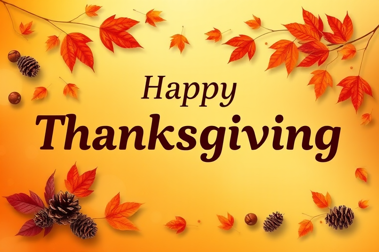 Create a warm and festive autumn-themed image with a gradient background of orange and yellow hues. Include a variety of falling leaves in shades of red, orange, and brown. In the center, display the text "Happy Thanksgiving" in a stylish and inviting font, using a dark brown color for contrast. Add subtle decorative elements like pine cones and additional leaves for a cozy, seasonal feel.