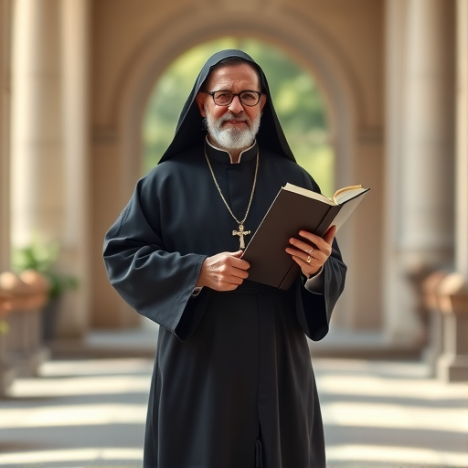 Create a digital illustration of a monk wearing a black robe, holding a book with a cross on the cover, standing in a welcoming pose, captured with a Canon EOS 5D Mark IV, 50mm lens, f/1.8 aperture, ISO 100, natural lighting, and a shallow depth of field for enhanced focus on the subject.