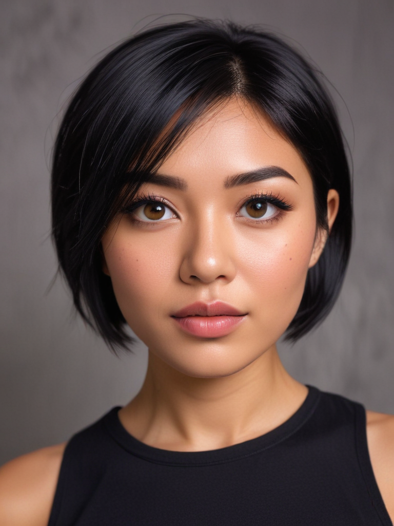 front view of a tanned asian woman with short bob black hair and ...