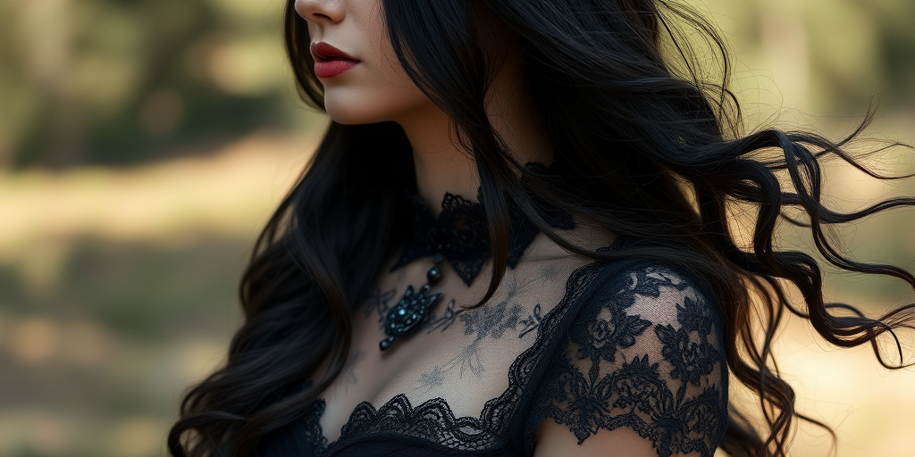 Create a portrait of a woman in a gothic outfit, showcasing intricate lace details and dark, flowing hair, shot with a Canon EOS R5 at f/1.8, ISO 100, using a 85mm lens, in soft natural lighting for a dreamlike effect.