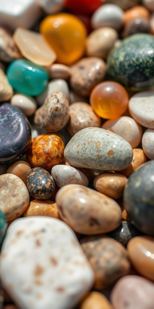 high-resolution close-up photograph of assorted colorful polished stones and pebbles, captured with a DSLR camera at ISO 100, f/8 aperture, 1/60 sec shutter speed, macro lens at a 50mm focal length, natural lighting with a shallow depth of field for enhanced detail and texture