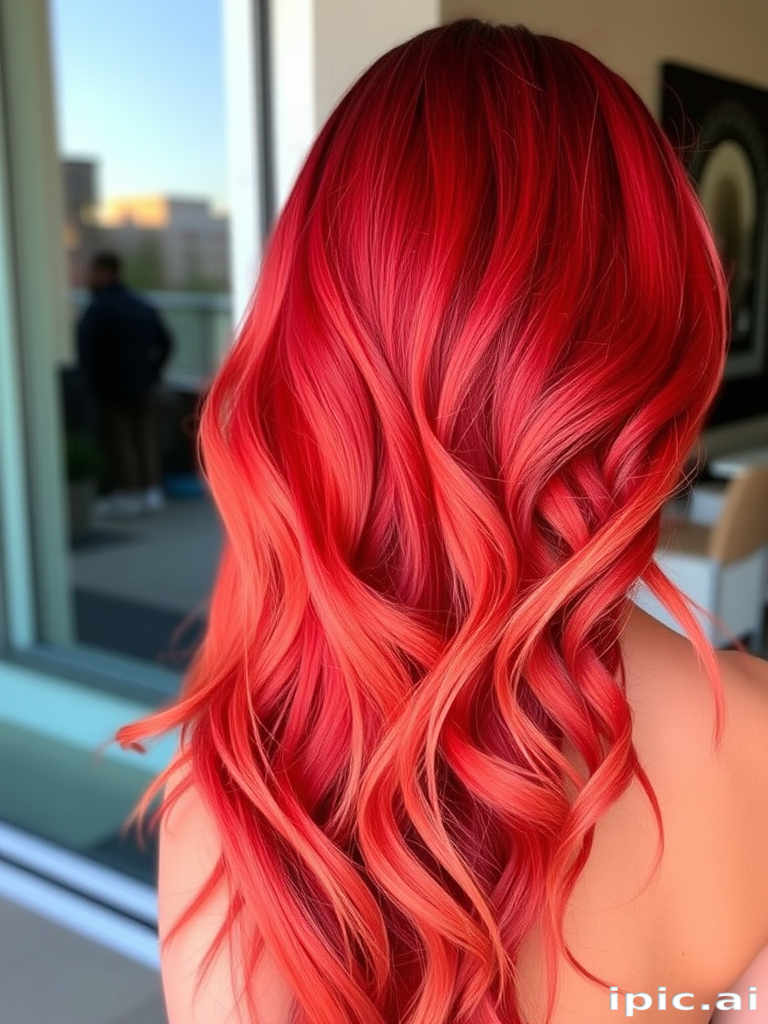 Fiery crimson ombre fades into warm coral tips, styled in voluminous beach waves that evoke the image of a breathtaking sunset, radiating warmth and passion.