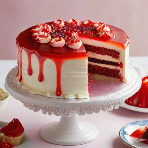 Generate an image of a beautifully decorated cake with a rich red jelly topping. The cake should be adorned with a variety of colorful meringue swirls, edible flowers, and sprinkles. The base of the cake should have a smooth pink frosting, and the overall look should be elegant and inviting, set against a light background.