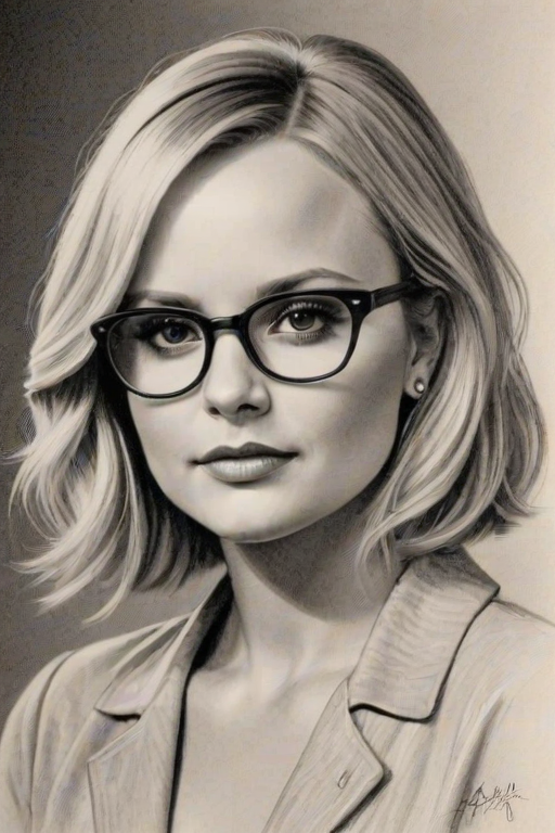 Splendid Miranda Lambert, pencil sketch, portrait of Sublime woman 1932s in glasses, hair style beatnik, outline, clear lines, fine lines, 8k