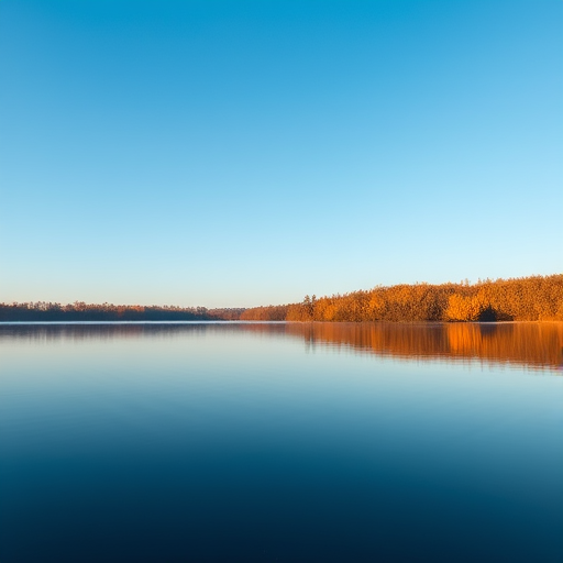 A serene lake at sunrise with clear blue skies and autumn-colored trees reflecting on the water, captured with a Canon EOS R6, 24mm lens, f/8 aperture, ISO 100, and a slow shutter speed to enhance the smoothness of the water surface.