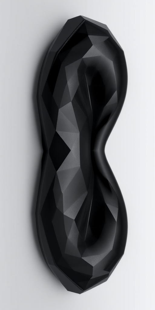 Create a highly detailed 3D rendering of a polygonal mustache with sharp edges and a sleek black finish, using a DSLR camera with a 50mm lens, aperture set to f/8, ISO 100, and a shallow depth of field, captured from a slightly elevated angle against a smooth gradient background to enhance its form and texture.