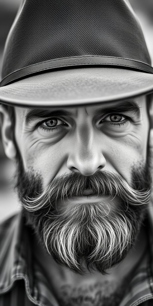 Create a high-resolution black and white portrait of a bearded man wearing a cowboy hat, close-up shot, 50mm lens, aperture f/1.8, ISO 200, natural lighting, DSLR camera.