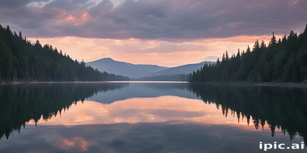 Tranquil Sunset Reflections Over a Serene Lake Surrounded by Tall Pines