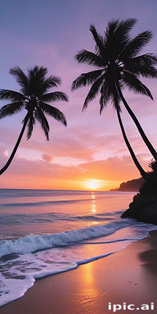 Serene Sunset Over Tranquil Beach with Palm Trees Silhouetted Against Sky