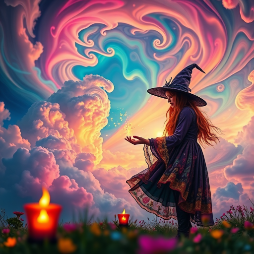 Create a vibrant, fantastical scene of a colorful witch casting spells in a magical landscape filled with swirling clouds and vivid colors, using a Canon EOS R5 with a 24-70mm f/2.8 lens, aperture set to f/8, ISO 100, capturing from a low angle with a soft-focus background for depth.