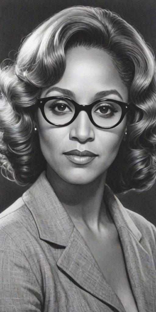 Elegant Darlene Love, pencil sketch, portrait of Pleasing woman 1937s in glasses, hair style beatnik, outline, clear lines, fine lines, 8k