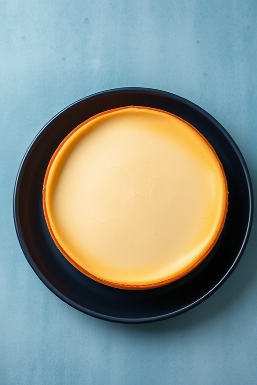 Create an image of a round cheesecake with a smooth, slightly cracked top and a golden-brown edge placed on a dark blue plate. The background should be a light blue textured surface.