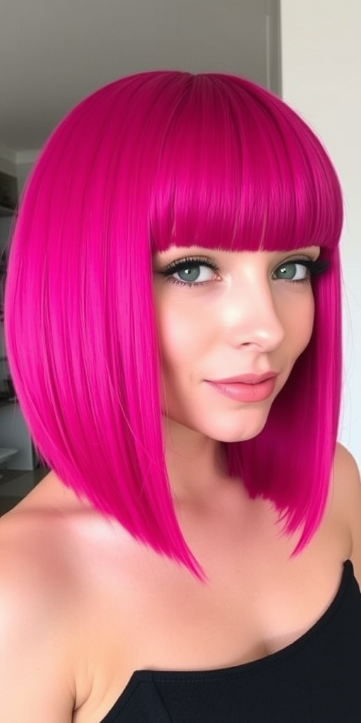 Vibrant magenta bob with "Berry Blaze" flair boasts blunt bangs and sleek, straight lines, creating a bold and edgy aesthetic