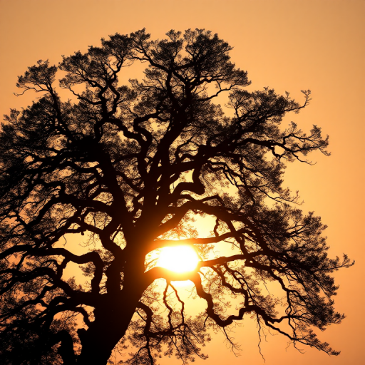 Create a high-resolution silhouette of a majestic tree against a sunset background, using a DSLR camera with a 50mm lens, aperture f/1.8, shutter speed 1/200s, and ISO 100, shot from a low angle to emphasize the tree's height and shape.