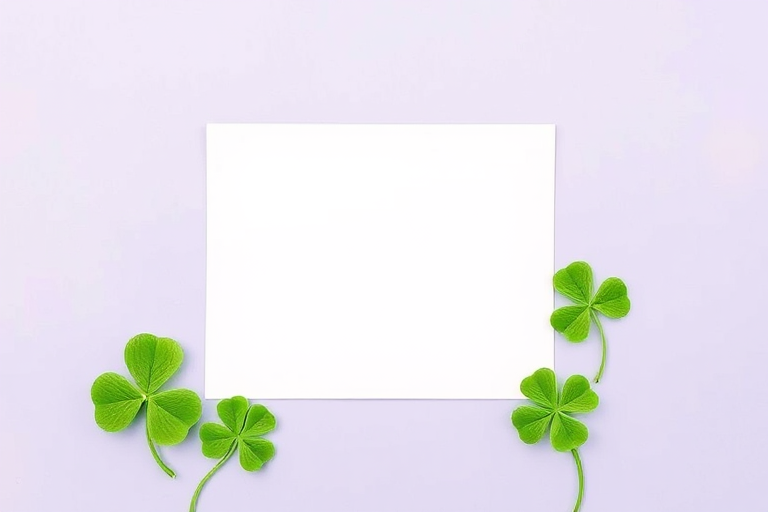 Create a vibrant illustration of a blank sheet of paper surrounded by three stylized green clover leaves on a soft lavender background, using a DSLR camera with a 50mm lens, f/2.8 aperture, ISO 100, and a wide-angle view to enhance clarity and depth.