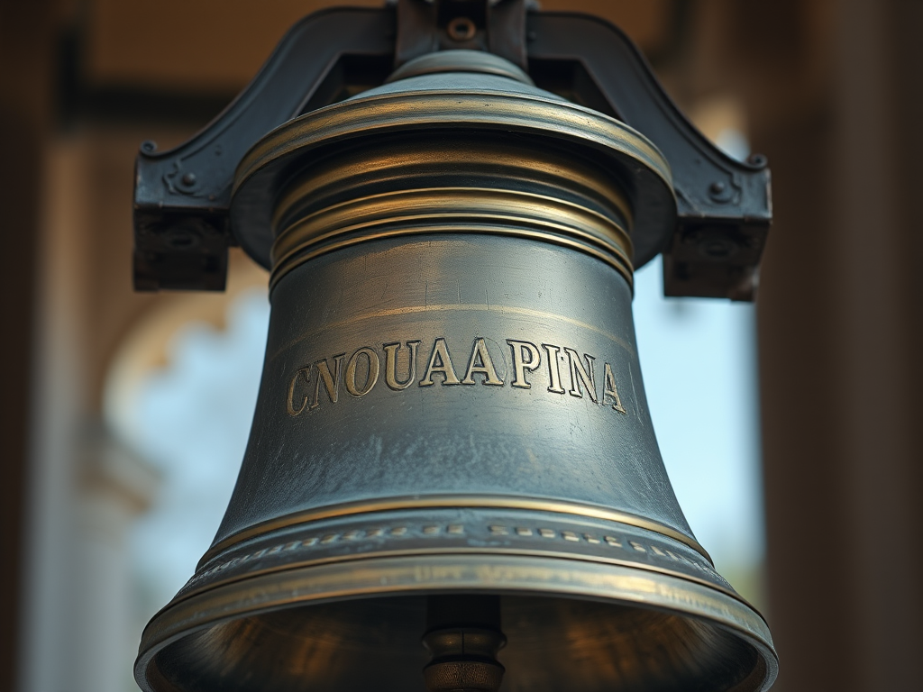Regenerate the image of a bell, using a DSLR camera with a focal length of 50mm, aperture f/2.8, ISO 200, shot from a slightly low angle for depth, in high dynamic range to enhance details and improve color contrast.