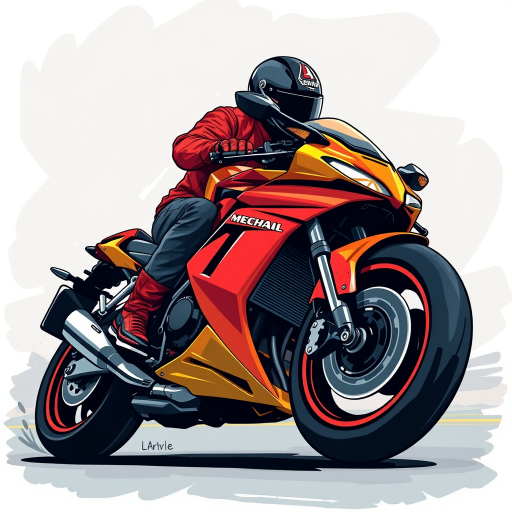 Create a detailed vector illustration of a motorcycle rider in a dynamic pose with a focus on smooth lines and vibrant colors, using a DSLR camera at f/4, ISO 100, 50mm lens, shot from a low angle perspective for dramatic effect.