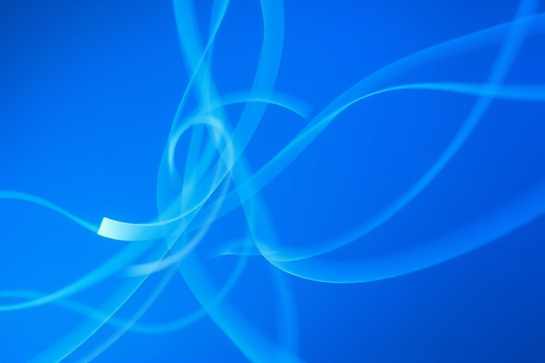 Create a vibrant abstract image featuring flowing blue light trails on a soft blue background, captured with a DSLR camera at f/8 aperture, 1/100 shutter speed, ISO 200, wide angle lens, and shot from a low angle to accentuate depth and movement.
