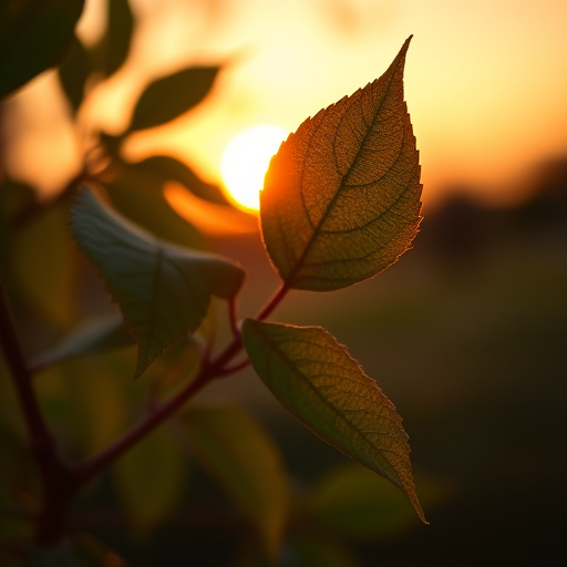 capture a close-up shot of backlit leaves against a sunset background, aperture f/2.8, shutter speed 1/200 sec, ISO 200, use a macro lens on a DSLR camera at twilight for enhanced image quality