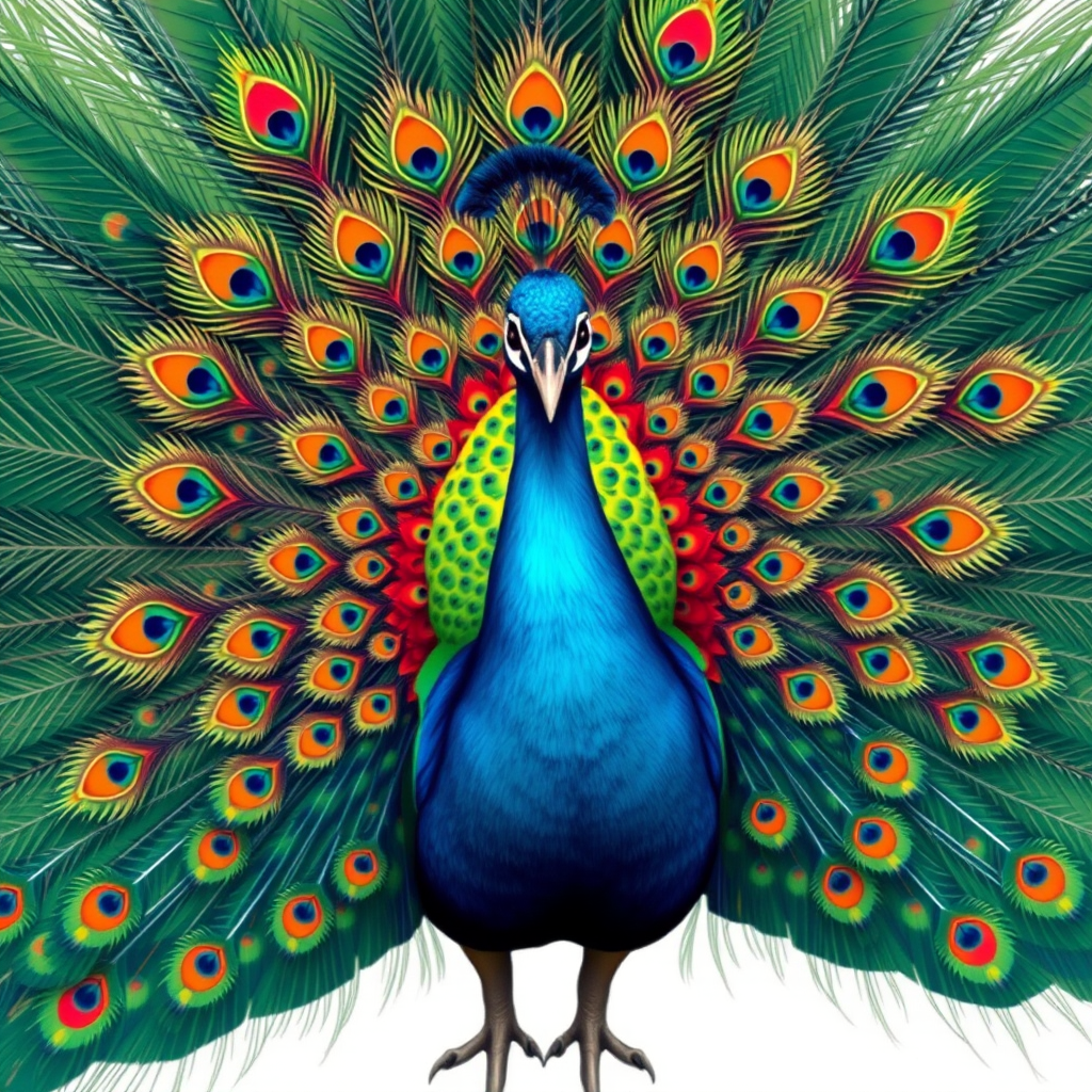 Create a vibrant and colorful illustration of a peacock with an elaborate, swirling feather display, using a high-resolution digital illustration technique with a 50mm lens, aperture f/2.8, ISO 100, and a front view perspective to enhance image quality.