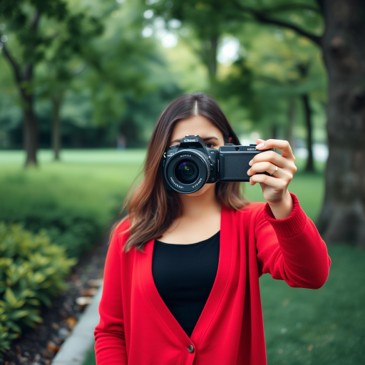 Regenerate an image of a woman taking a selfie in a lush green park, wearing a long red cardigan over a black top, with soft natural lighting, using a DSLR camera at 50mm focal length, aperture f/2.8, shutter speed 1/200s, and ISO 100, capturing a shallow depth of field for a blurred background.