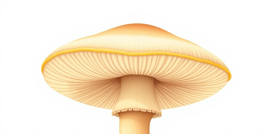Create a detailed illustration of a mushroom with a smooth cap, tall and slender stalk, featuring beige and cream colors with a touch of yellow on the edge, set against a simple white background in high resolution; camera settings: aperture f/2.8, ISO 100, shutter speed 1/60s; camera view: close-up; camera style: vibrant colors; camera type: digital DSLR.