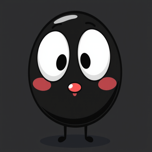 Create a simple, cartoon-like illustration of a black, round character with large white googly eyes and a small, shiny mouth highlighting a playful expression, captured with a DSLR camera at f/2.8 aperture, 50mm lens, and ISO 100 for enhanced clarity and vividness.