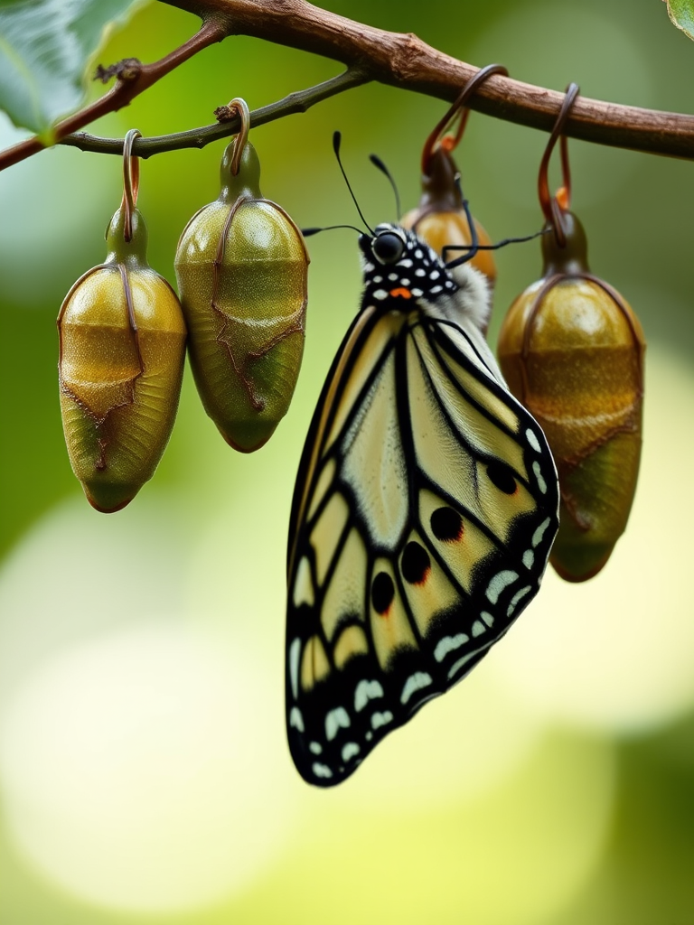 Generate an image of a butterfly emerging from its chrysalis. The scene should feature a close-up of the butterfly with intricate patterns on its wings, hanging from a branch with several green and brown chrysalises nearby. The background should be softly blurred to emphasize the butterfly and chrysalises.