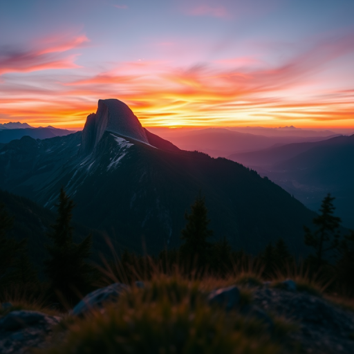 Generate a high-resolution artistic rendering of a serene mountain landscape during sunrise with vibrant colors, using a DSLR camera, 50mm lens, aperture f/2.8, ISO 100, 1/125 sec exposure, soft focus foreground, and a wide-angle view to enhance depth.