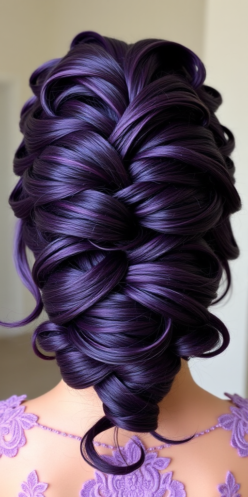 Regal deep purple updo named "Amethyst Crown" featuring intricate braided details, jewel-toned highlights woven throughout, soft tendrils framing face, ornate pinned curls at nape, majestic and elegant style