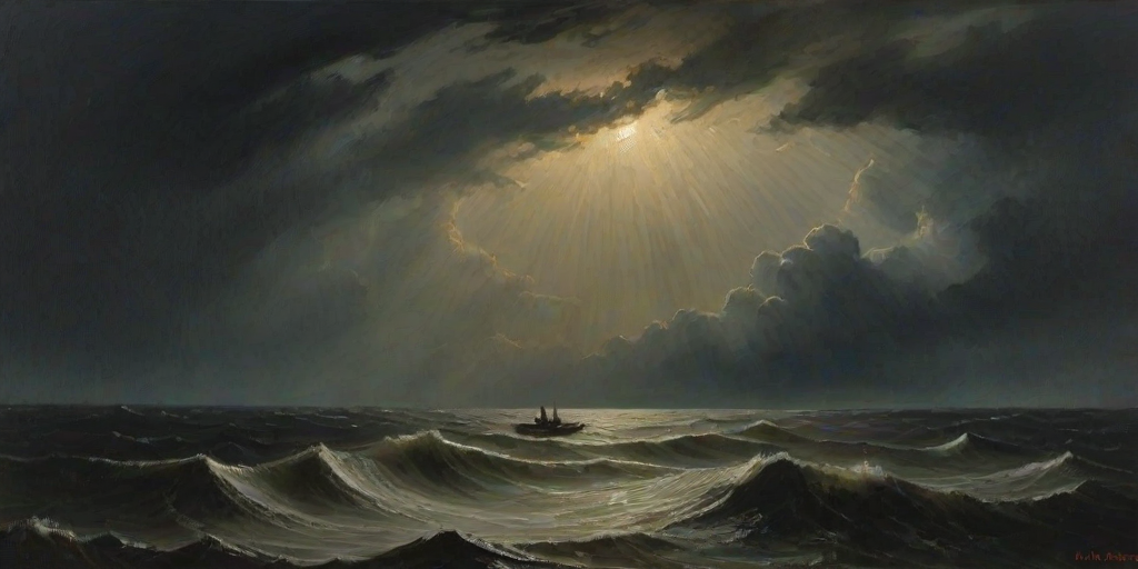 An atmospheric and powerful dark fantasy, natural organic and impressionist classical-style painting inspired by William Turner's Shade and Darkness - the Evening of the Deluge