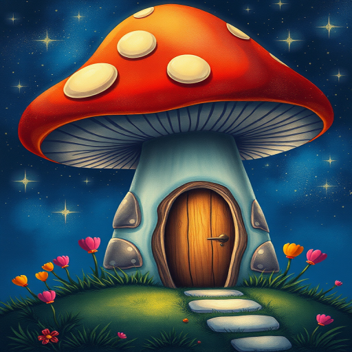 imagine illustration of a mushroom house with a door and a window, a storybook , fantasy art, mushroom house, bg starry sky, sparkles
