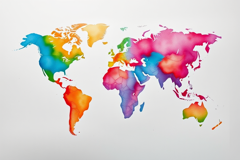 Create an abstract watercolor world map with vibrant colors, soft texture, and a gradient background, captured with a DSLR camera at f/8 aperture, 1/100 sec shutter speed, ISO 200, using a 50mm lens from a slightly elevated angle for depth and detail.