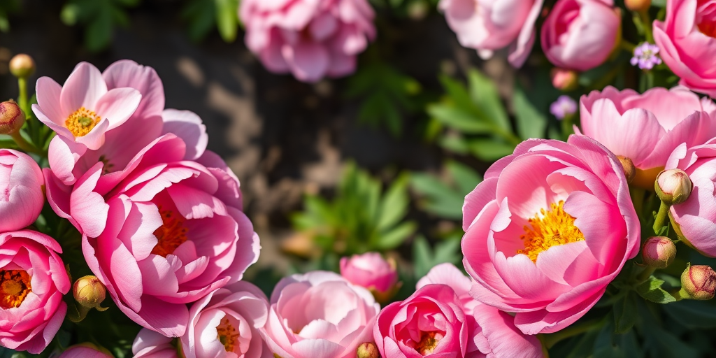 Create a high-resolution floral border with pink peonies and other blossoms, using a 50mm lens, aperture f/2.8, ISO 100, taken from a top-down view, in natural daylight, using a DSLR camera.