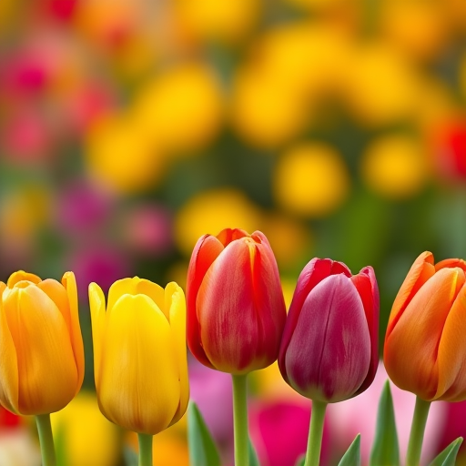 Generate a vibrant image of six tulips in yellow, red, purple, and orange, arranged in a row against a blurred colorful background, taken with a DSLR camera at f/2.8, 50mm lens, ISO 100, and a 1/200s shutter speed, using a macro style to enhance detail and texture.
